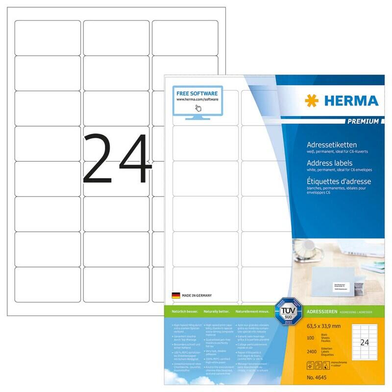Étiquettes d'adresse HERMA 4645 blanc 63,5 x 33,9 mm 1 boîte = 100 feuilles