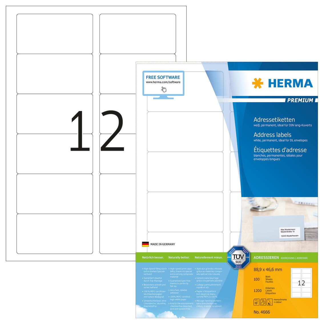 Étiquettes d'adresse laminées HERMA 4666 blanc 88,9 x 46,6 mm 1 boîte = 100 feuilles