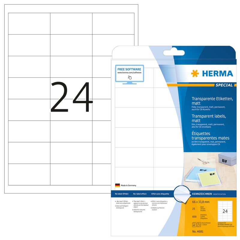 Étiquettes en film HERMA 66,0 x 33,8 mm 1 boîte = 25 feuilles — lot de 600 pièces