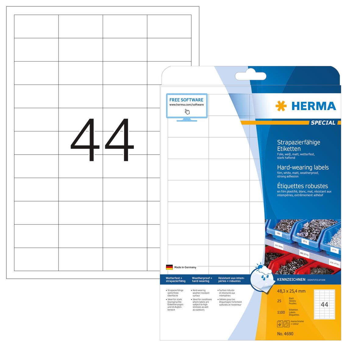 Étiquettes adhésives en film HERMA résistantes aux intempéries 48,3 x 25,4 mm - 1 paquet = 25 feuilles