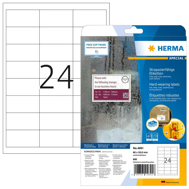 Étiquettes adhésives en film HERMA résistantes aux intempéries A4, blanc 66 x 33,8 mm, adhérence extrême - 600 pièces