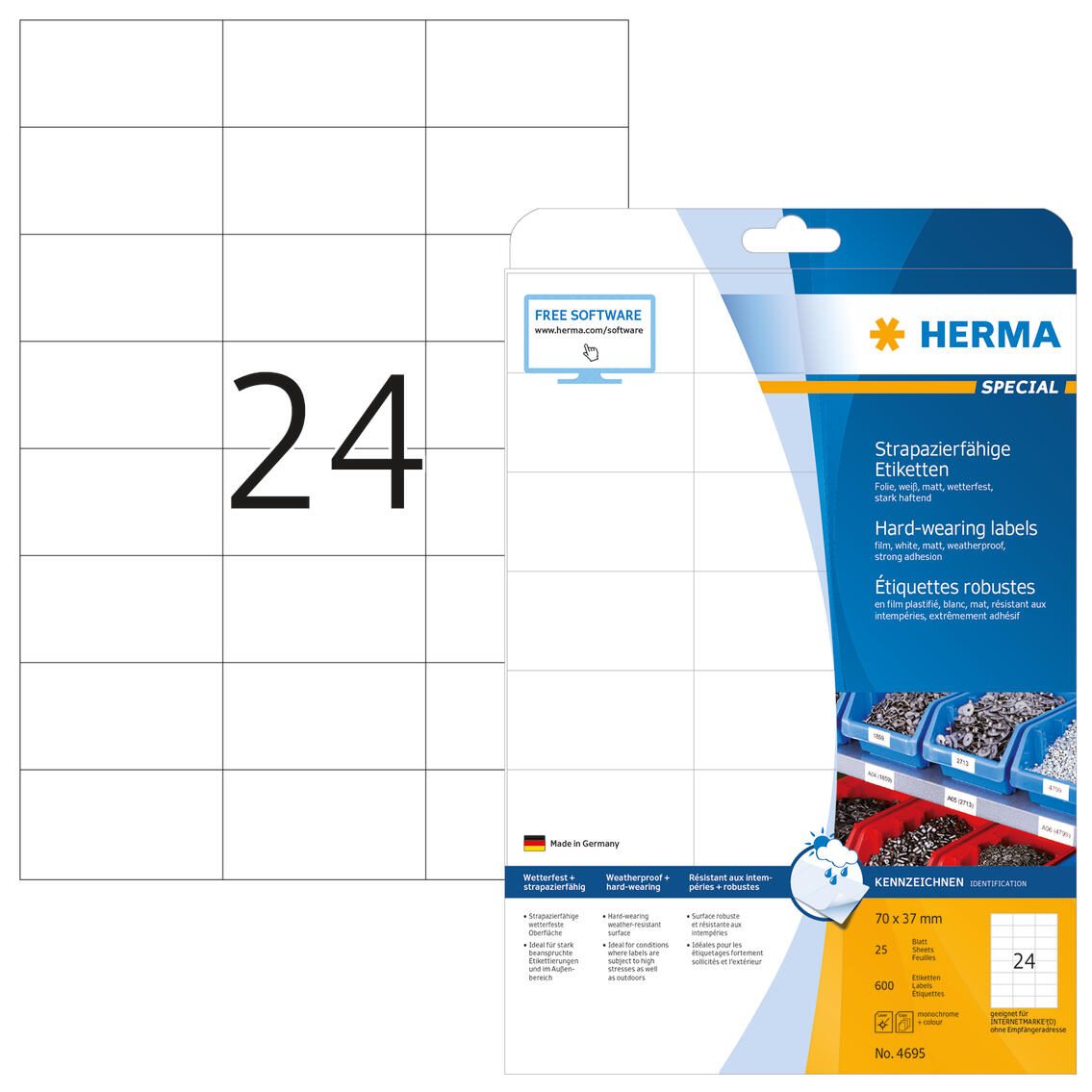 Étiquettes adhésives en film HERMA résistantes aux intempéries 70,0 x 37,0 mm - 1 paquet = 25 feuilles