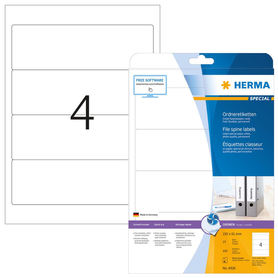 HERMA Étiquettes pour classeurs Special 4826 192x61mm autocollantes blanc 100 pièces/paquet — lot de 100