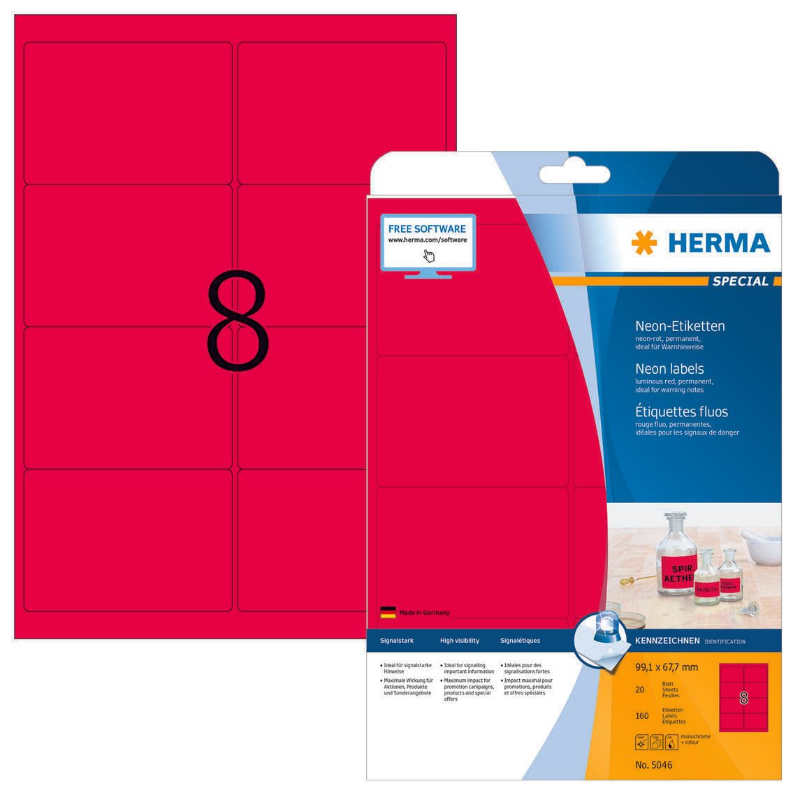 Étiquettes HERMA SPECIAL 99,1 x 67,7 mm, rouge néon 1 paquet = 20 feuilles
