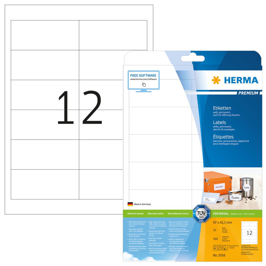 Étiquette Herma PREMIUM 5056, 97 x 42,3 mm, blanc, 300 étiquettes/boîte
