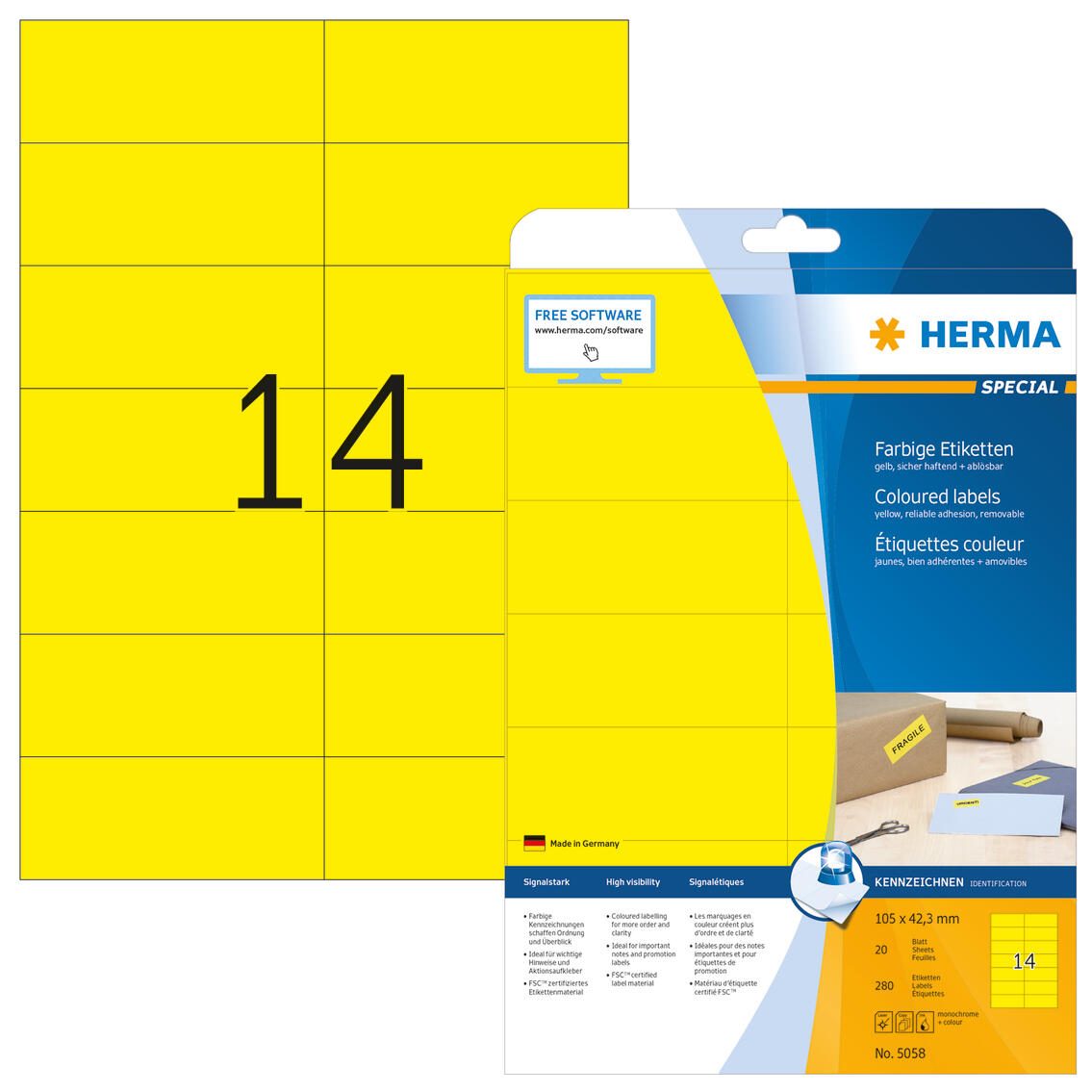 Étiquette HERMA SPECIAL 5058 105x42,3 mm jaune 280 étiquettes/paquet