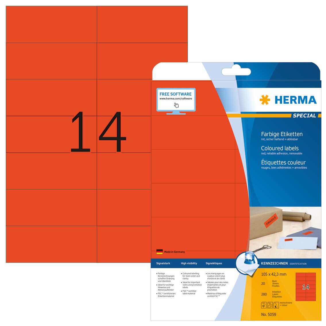 Étiquette Herma SPECIAL 5059, 105 x 42,3 mm, rouge, 280 étiquettes/boîte