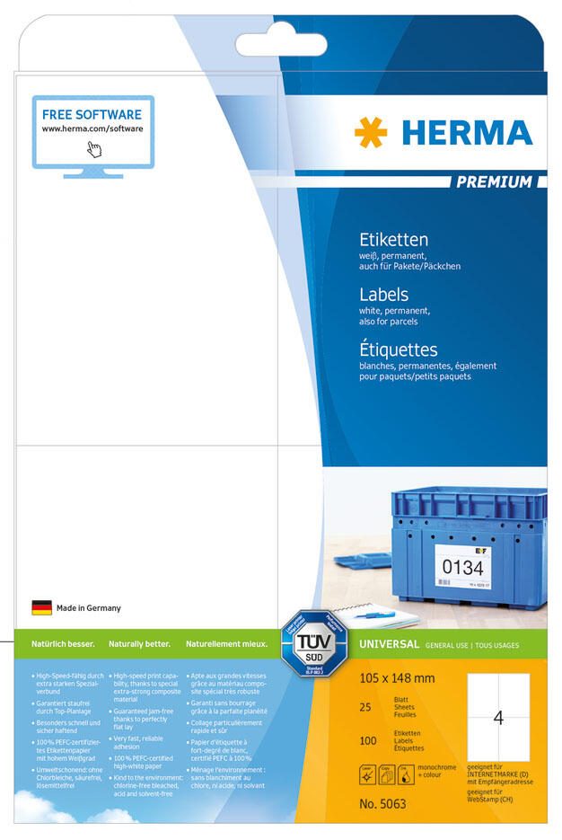 Herma Étiquette PREMIUM 5063 105x148mm blanc 100 étiquettes/paquet