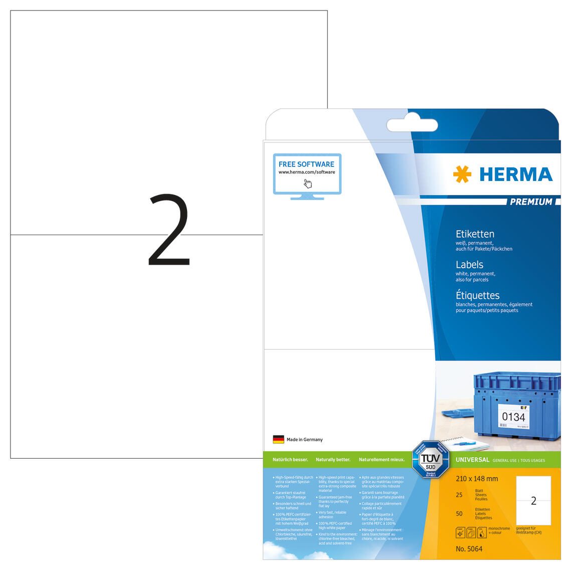 HERMA Étiquettes PREMIUM 5064 210 x 148 mm blanc – 50 ét./paquet