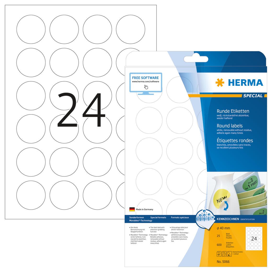 Herma Étiquette Spéciale 5066 40 mm rond blanc 600 pièces/paquet — lot de 600 pièces