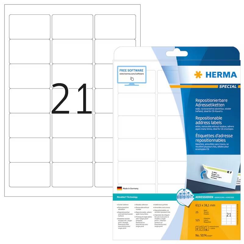 Herma Étiquette 5074 63,5x38,1 mm autocollante amovible blanc 525 pièces — lot de 525 pièces