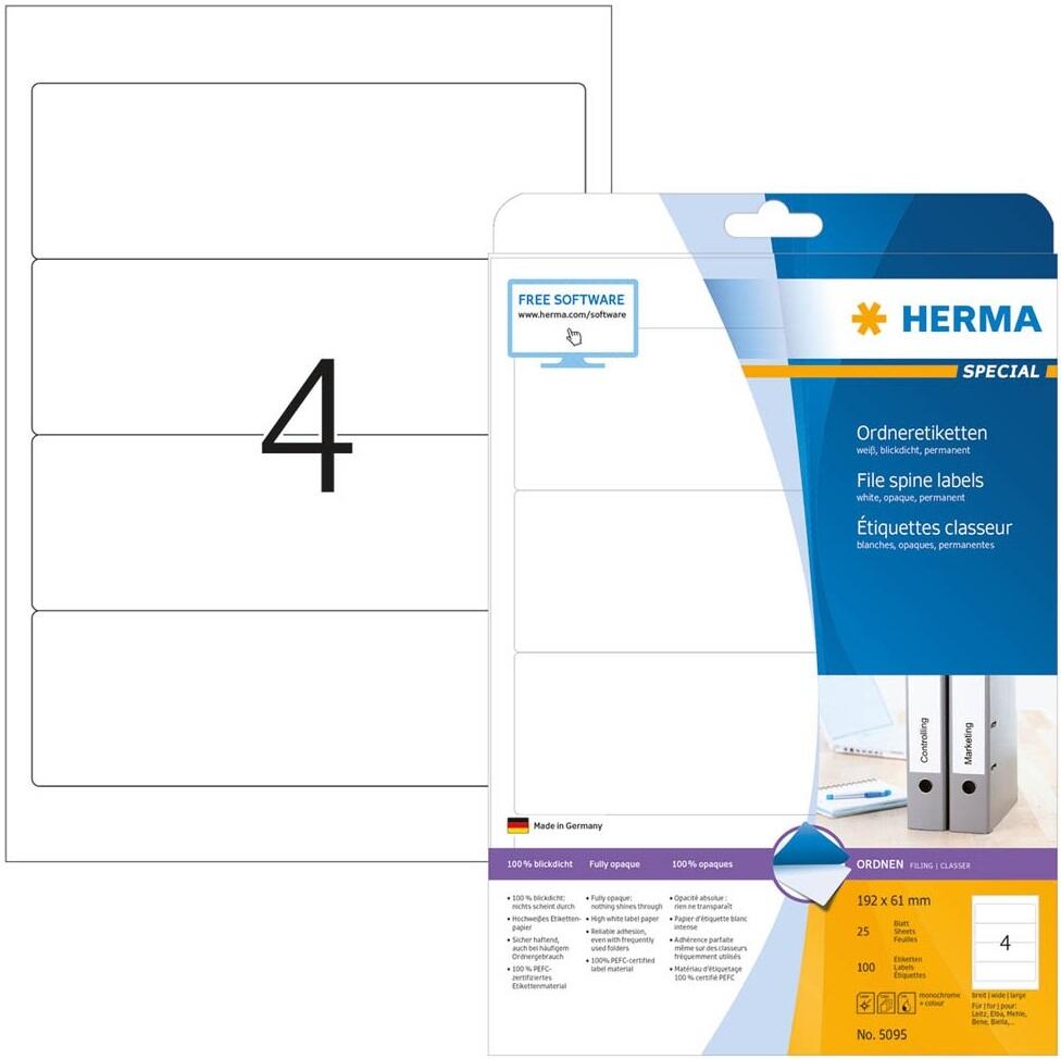 Étiquette pour classeur Herma 5095 192x61 mm autocollante blanche 100 pcs./paquet. — lot de 100 pièces