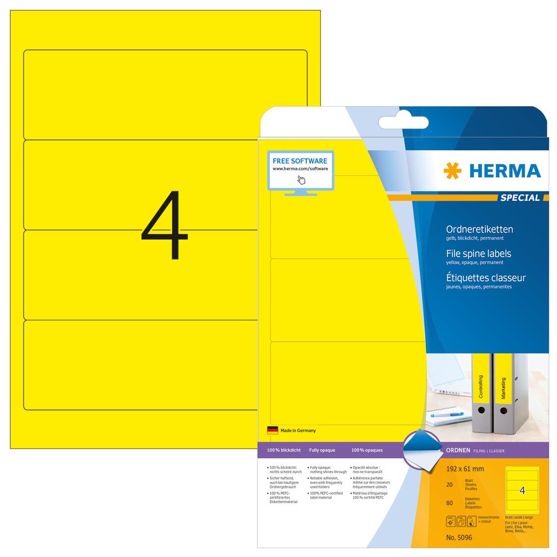 Étiquette pour classeur Herma 5096 192x61 mm jaune SK — lot de 80