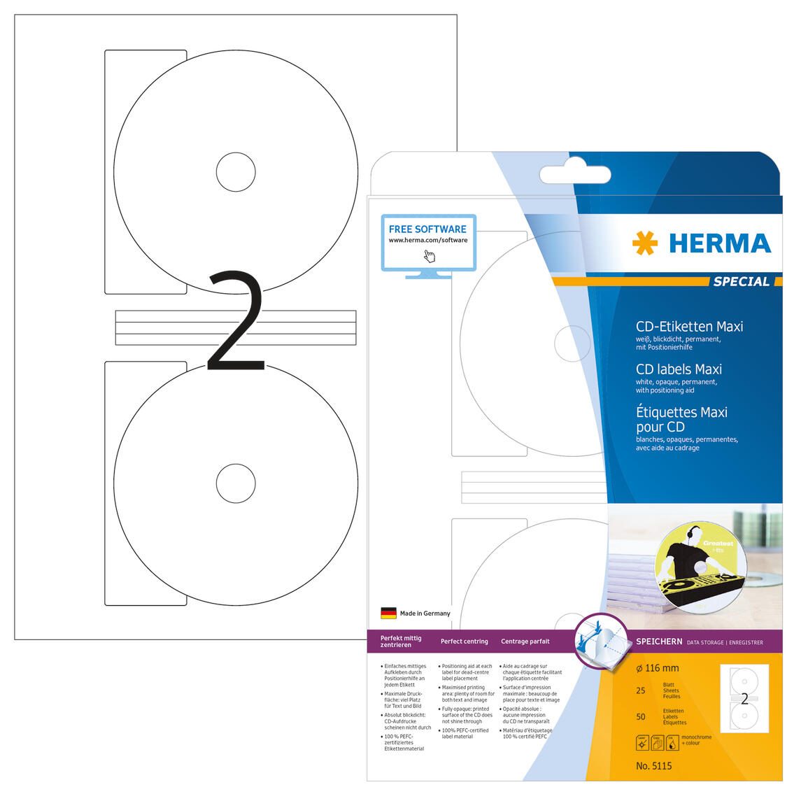 Étiquettes pour CD/DVD Herma 5115 116mm Maxi blanc 50 étiquettes/pack