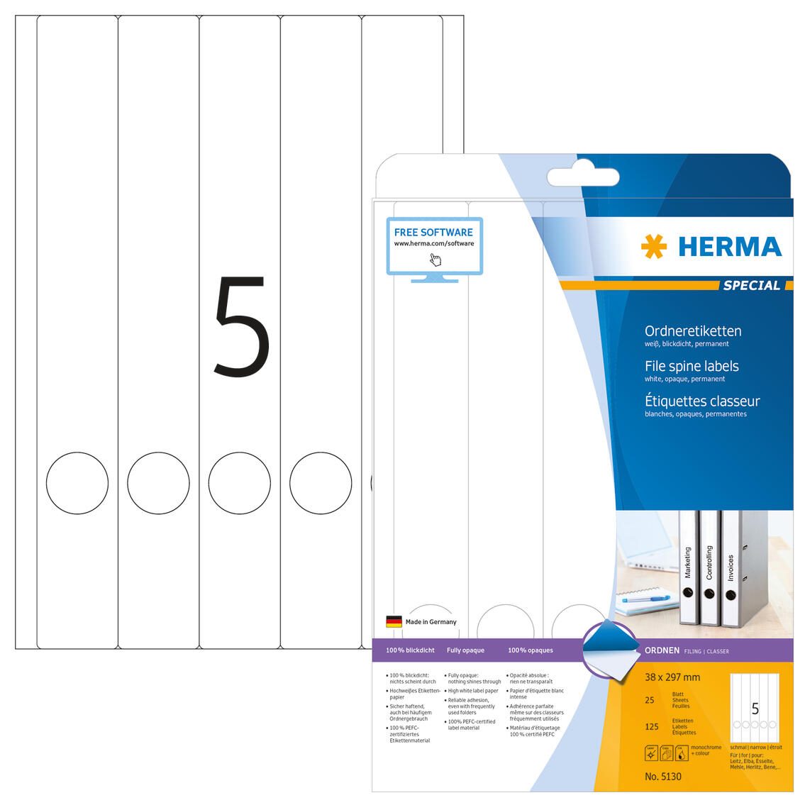 Étiquette pour classeur Herma 5130 long/étroit blanc autocollant 125 étiquettes/pack