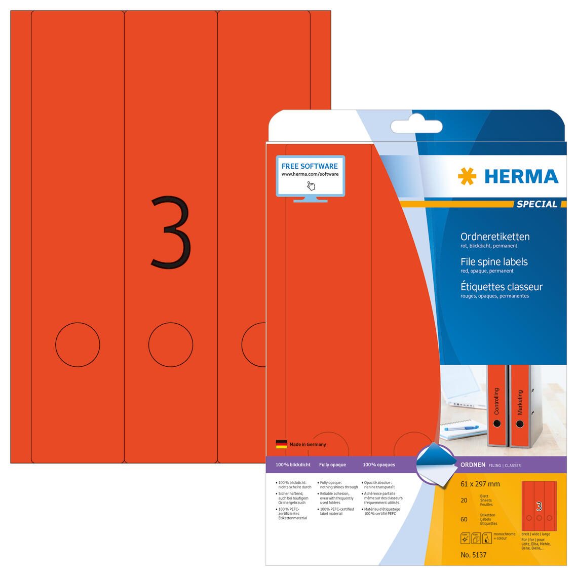 Étiquette pour classeur HERMA 5137 61x297mm rouge 60 étiquettes/paquet