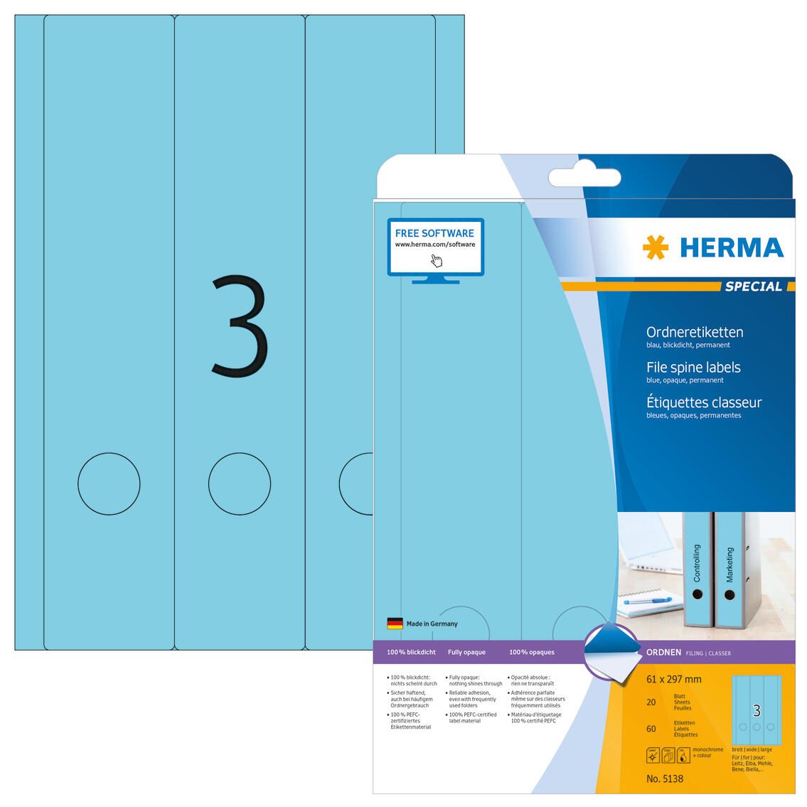 Étiquettes pour classeurs Herma 5138 61x297 mm bleu - 60 étiquettes par paquet