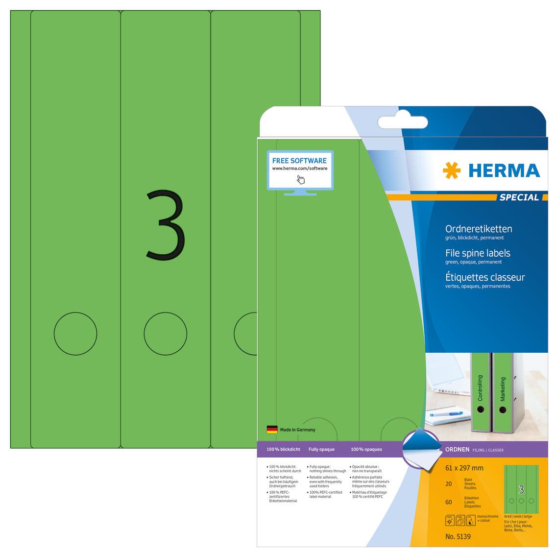 Étiquette pour classeur Herma 5139 61x297mm vert 60 pièces/paquet — lot de 60 pièces