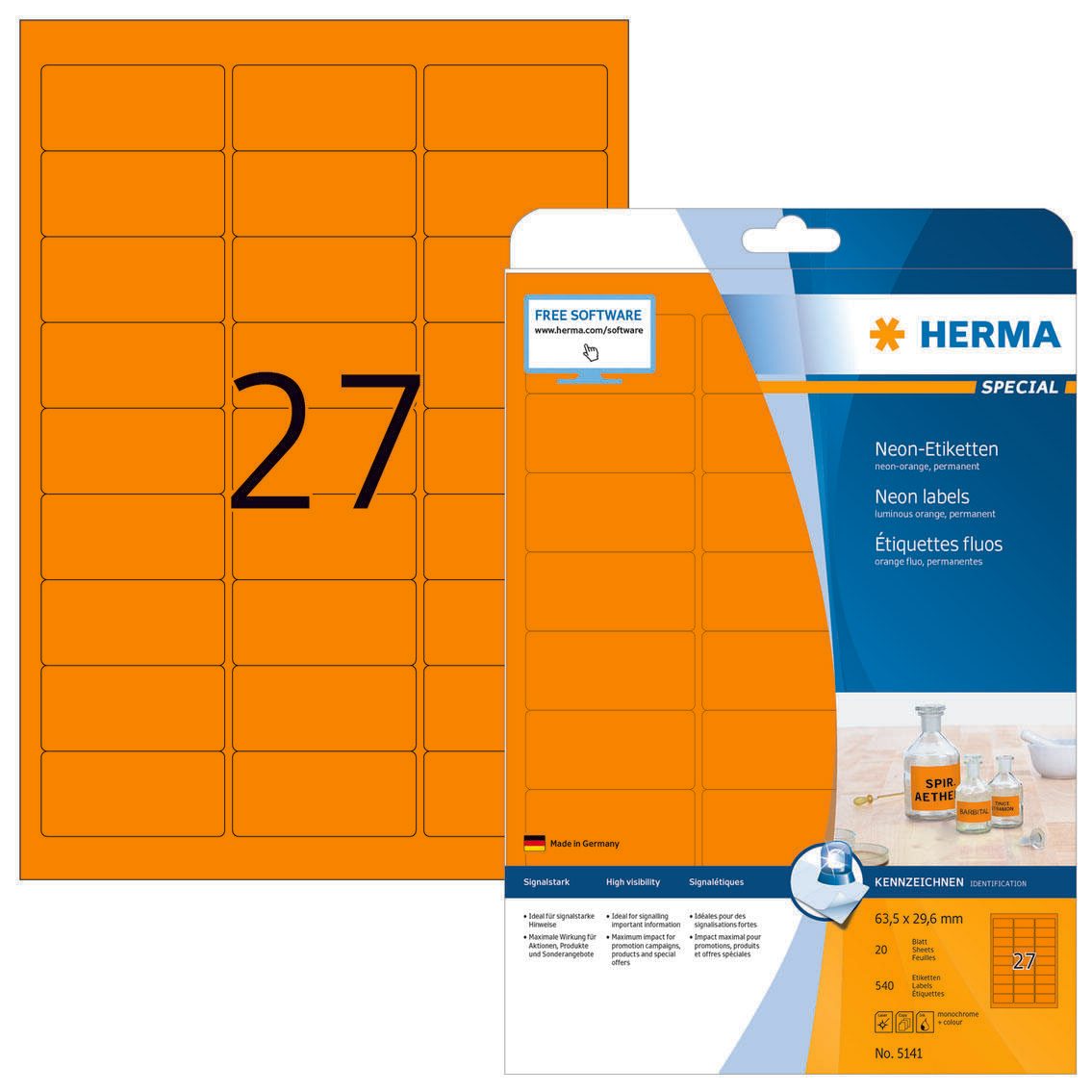 Étiquettes Herma 5141 63,5x29,6 mm orange néon 540 étiquettes/paquet