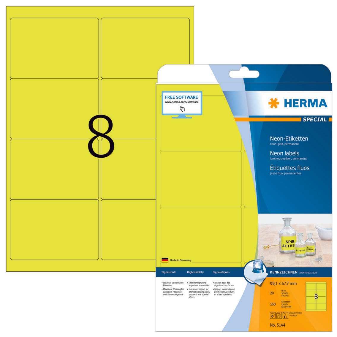 Étiquettes Herma 5144 99,1x67,7 mm jaune néon 160 étiquettes/paquet