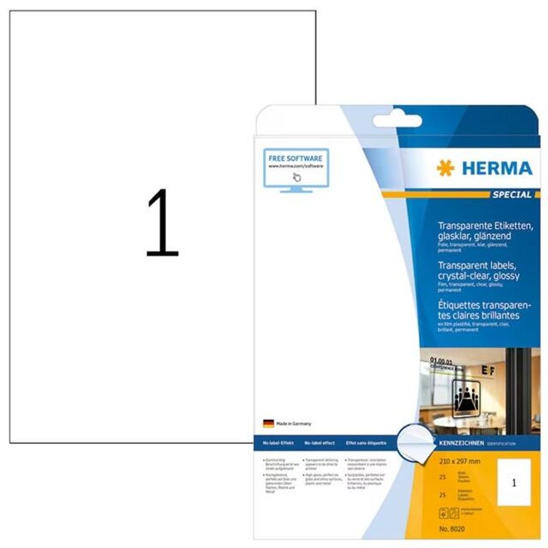 Étiquettes adhésives HERMA en film 210,0 x 297,0 mm 1 boîte = 25 feuilles