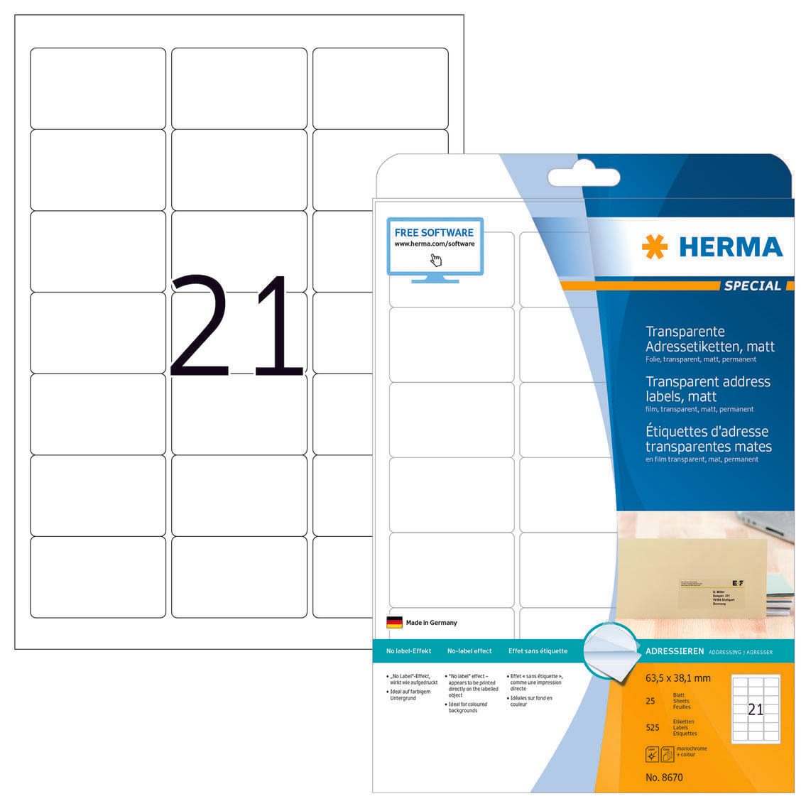 Étiquettes d'adresse HERMA SPECIAL 63,5 x 38,1 mm, transparent – 1 paquet = 25 feuilles