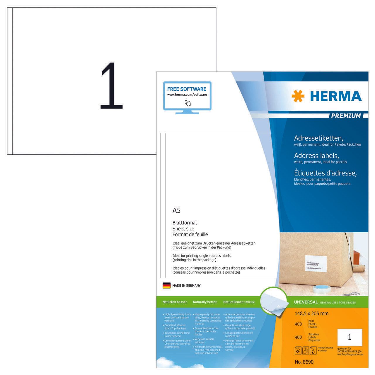 Étiquettes HERMA 8690 blanc 148,5 x 205,0 mm 1 boîte = 400 feuilles