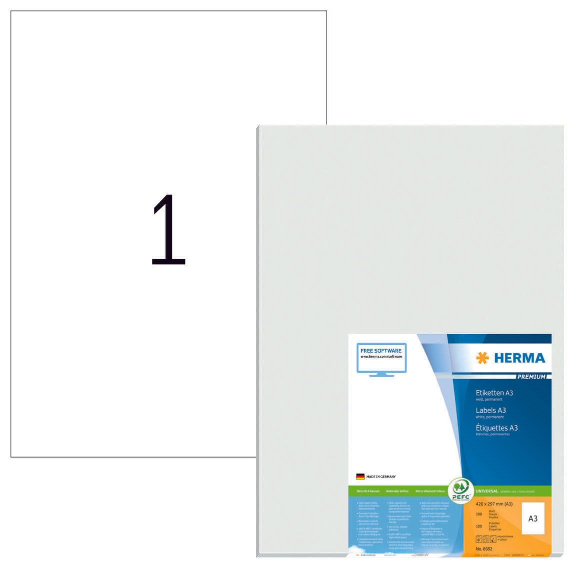 Étiquettes HERMA PREMIUM 297,0 x 420,0 mm, blanc - 1 boîte = 100 feuilles
