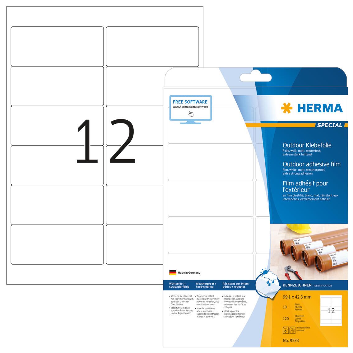 Étiquette adhésive HERMA Folienetikett 9533 99,1x42,3mm blanc 120 étiquettes/paquet