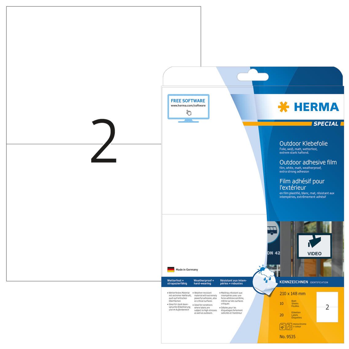 Étiquette adhésive Herma 9535, 210x148 mm, blanc, 20 étiquettes/pack