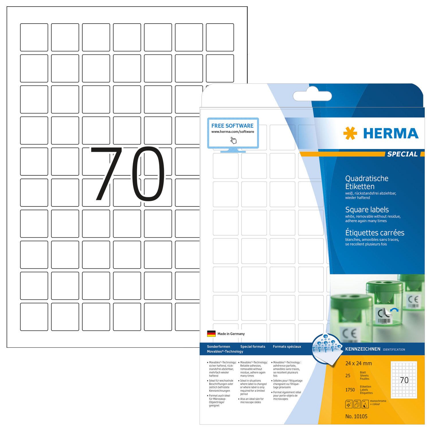Étiquettes repositionnables HERMA Movables 24,0 x 24,0 mm, blanc 1 boîte = 25 feuilles