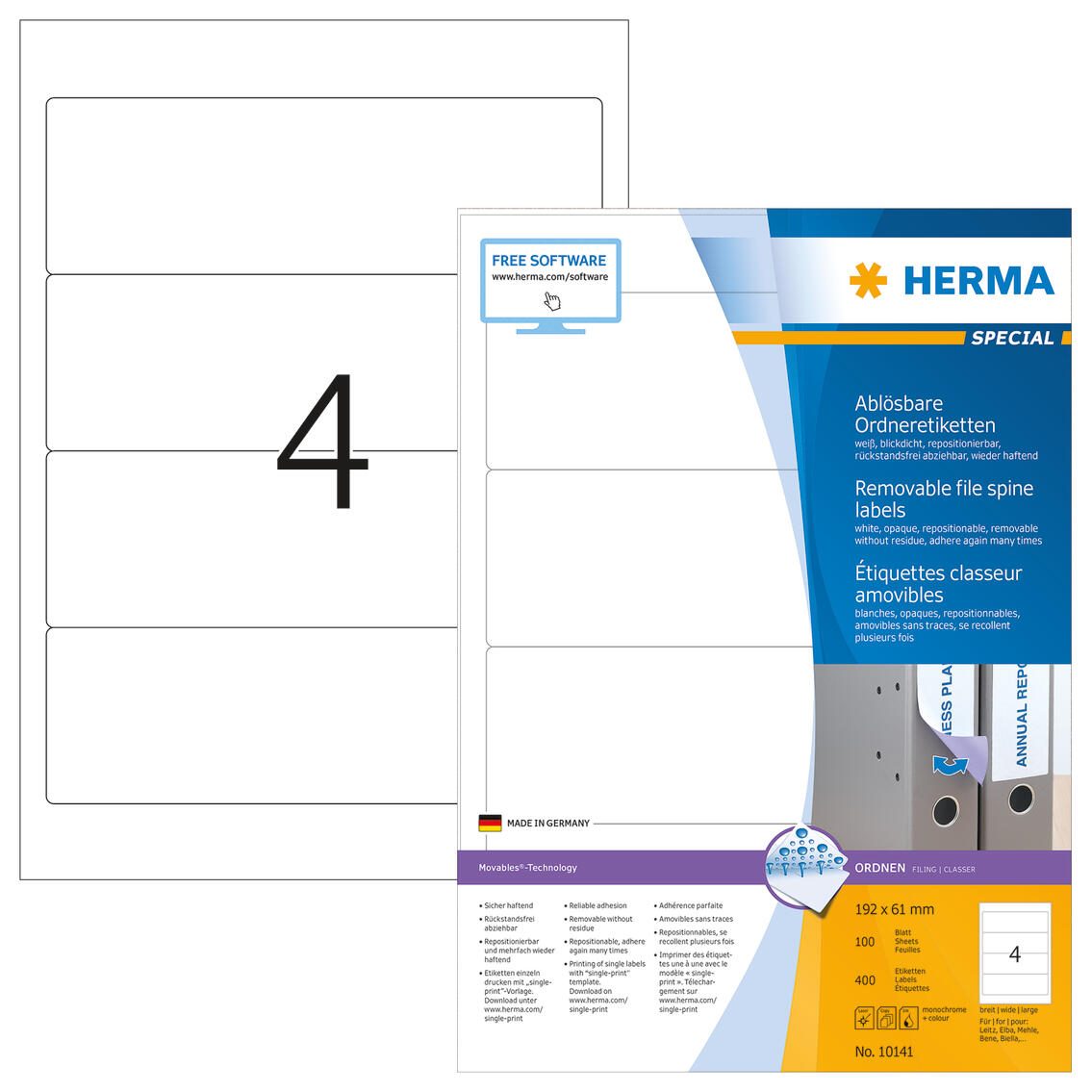 HERMA Étiquettes pour classeurs Movables 10141 192x61 mm blanc - 400 étiquettes/paquet