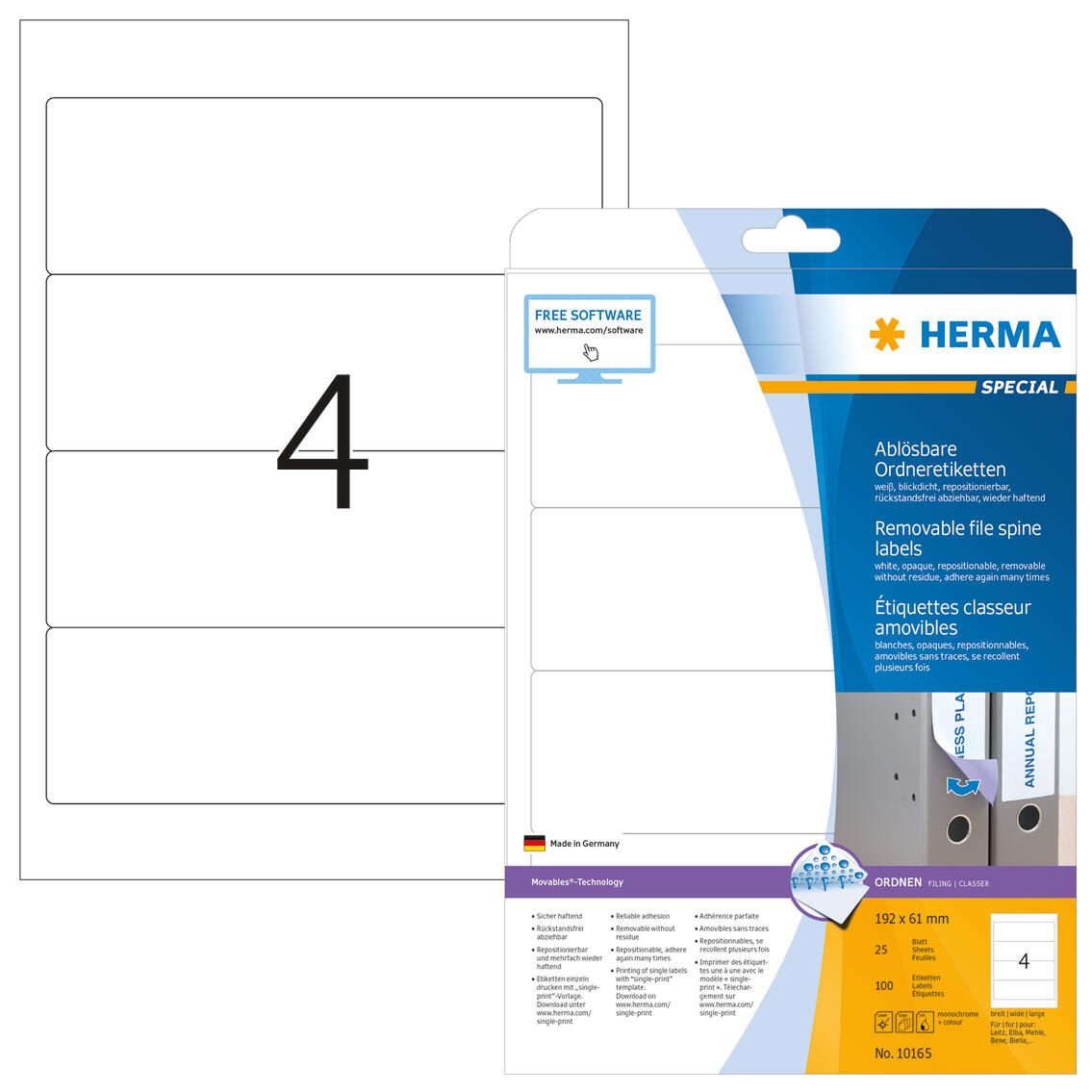 Étiquette pour classeur Herma 10165 192x61 mm sk amovible ws 100 pcs. — lot de 100 pièces