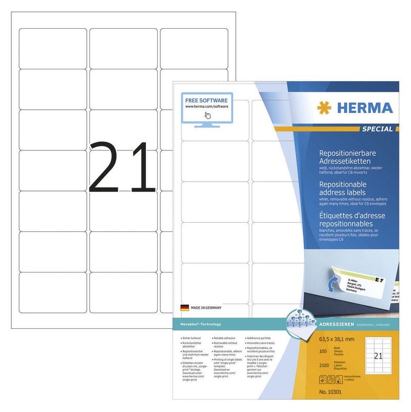 HERMA SPECIAL Étiquettes d'adresses blanches 63,5 x 38,1 mm 1 paquet = 100 feuilles