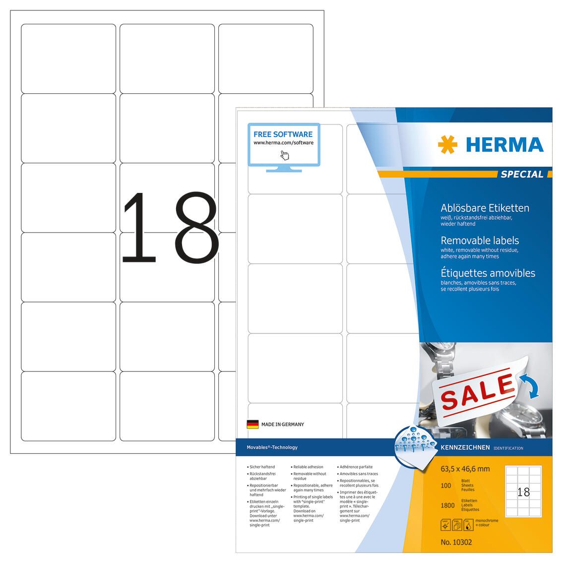 HERMA SPECIAL Étiquettes universelles blanches 63,5 x 46,6 mm 1 paquet = 100 feuilles