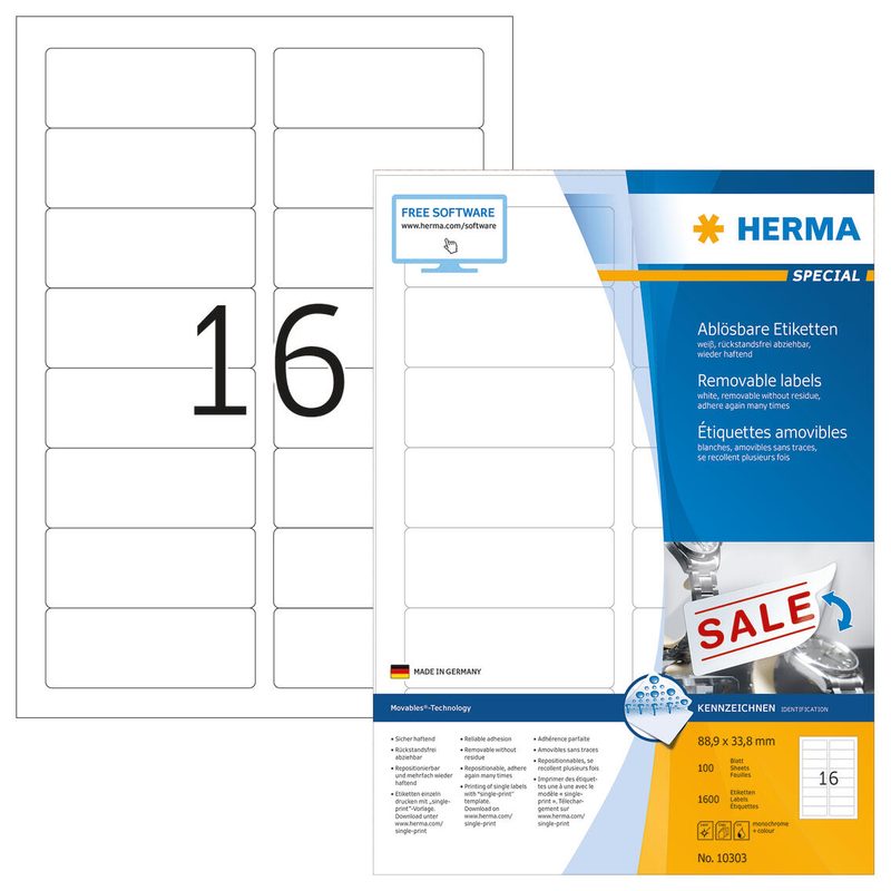 HERMA SPECIAL Étiquettes blanches 88,9 x 33,8 mm 1 paquet = 100 feuilles