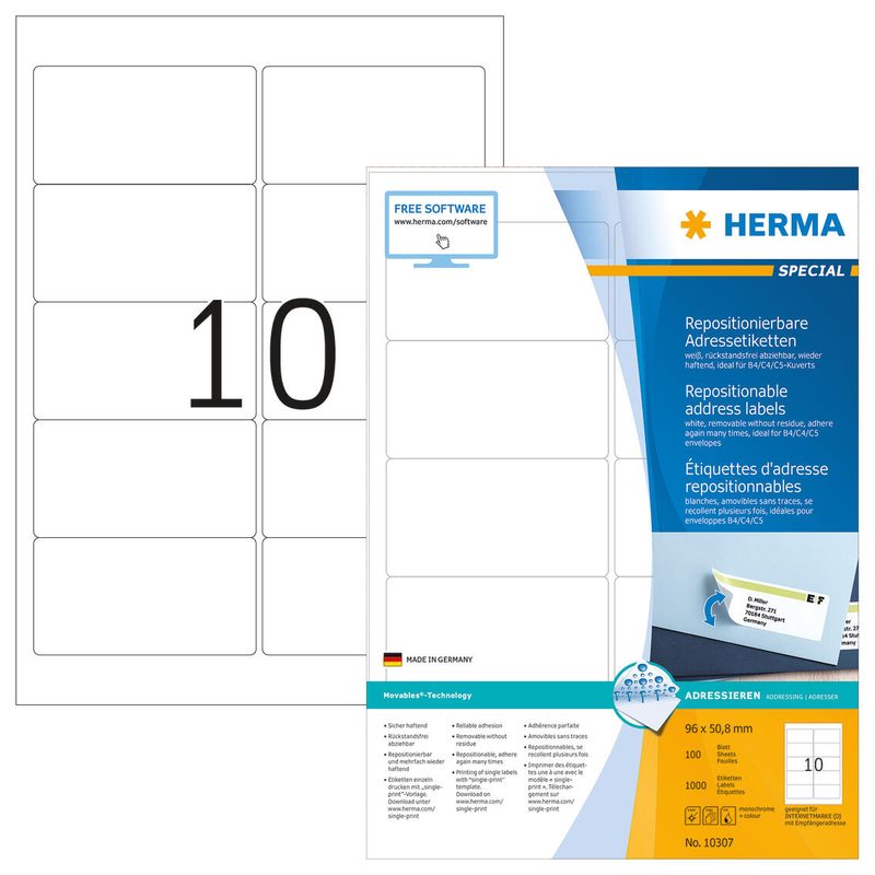 HERMA SPECIAL Étiquettes d'adresses blanches 96,0 x 50,8 mm 1 paquet = 100 feuilles — lot de 100