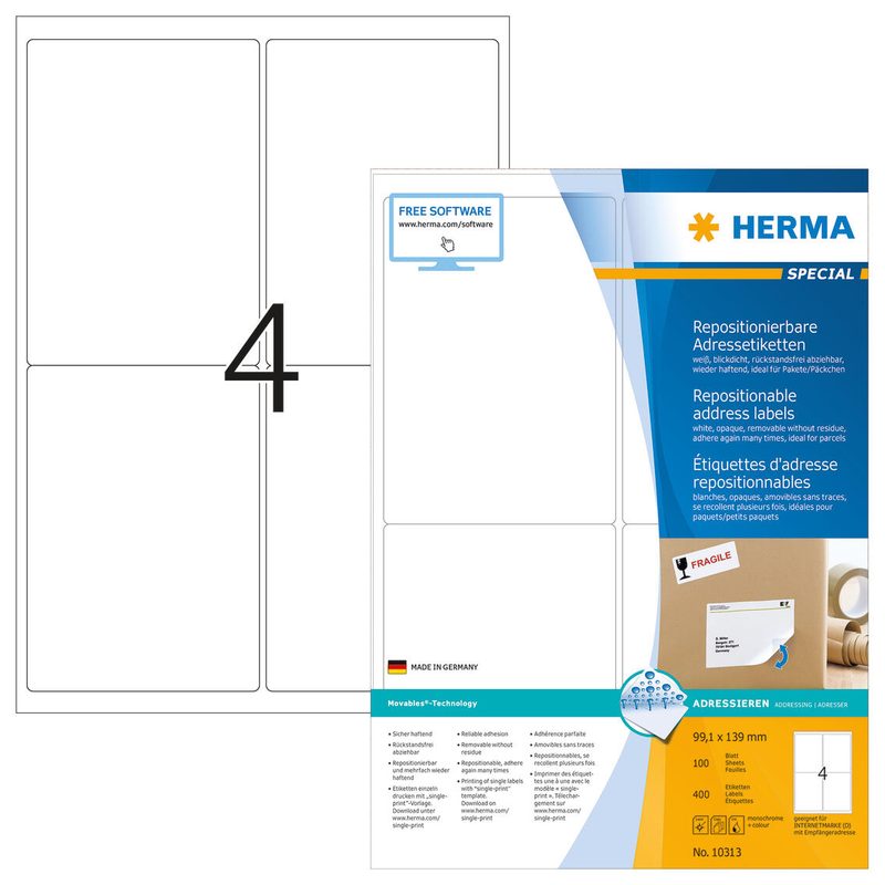 HERMA SPECIAL Étiquettes d'adresse blanches 99,1 x 139,0 mm - 1 boîte = 100 feuilles