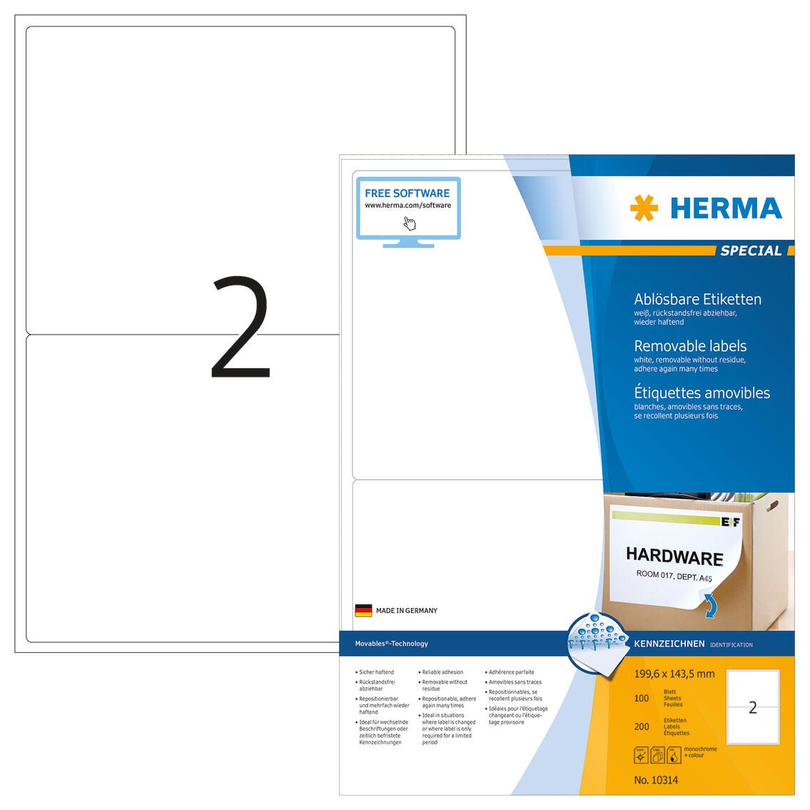 HERMA SPECIAL Étiquettes blanches 199,6 x 143,5 mm 1 boîte = 100 feuilles