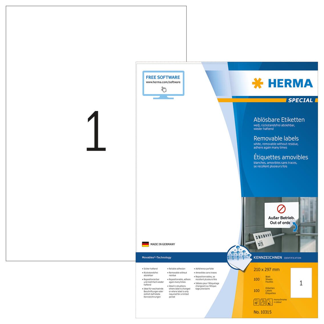 HERMA SPECIAL Étiquettes blanches A4 (210,0 x 297,0 mm) 1 boîte = 100 feuilles