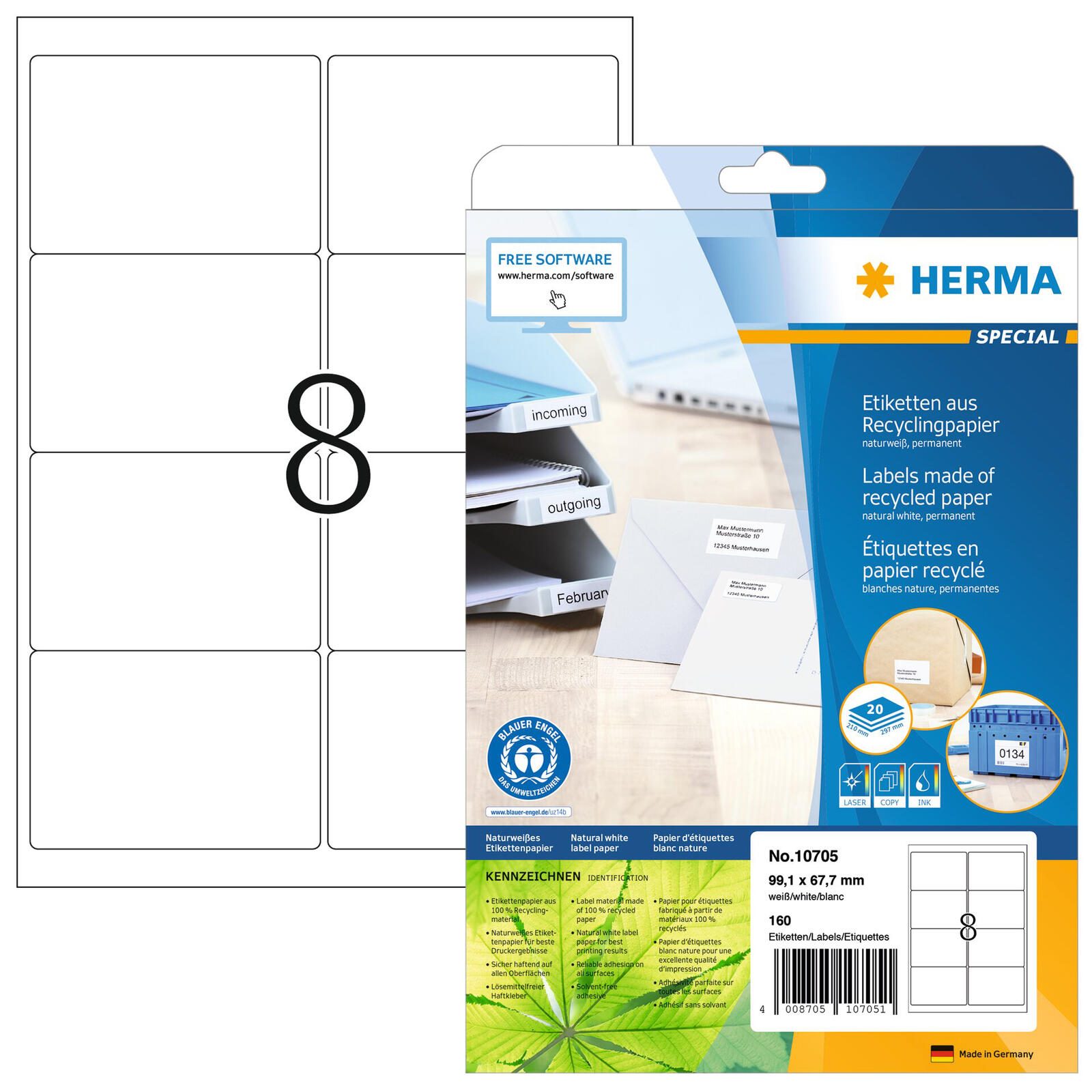 HERMA 10705 Étiquettes recyclées, 99,1 x 67,6 mm - 1 paquet = 20 feuilles