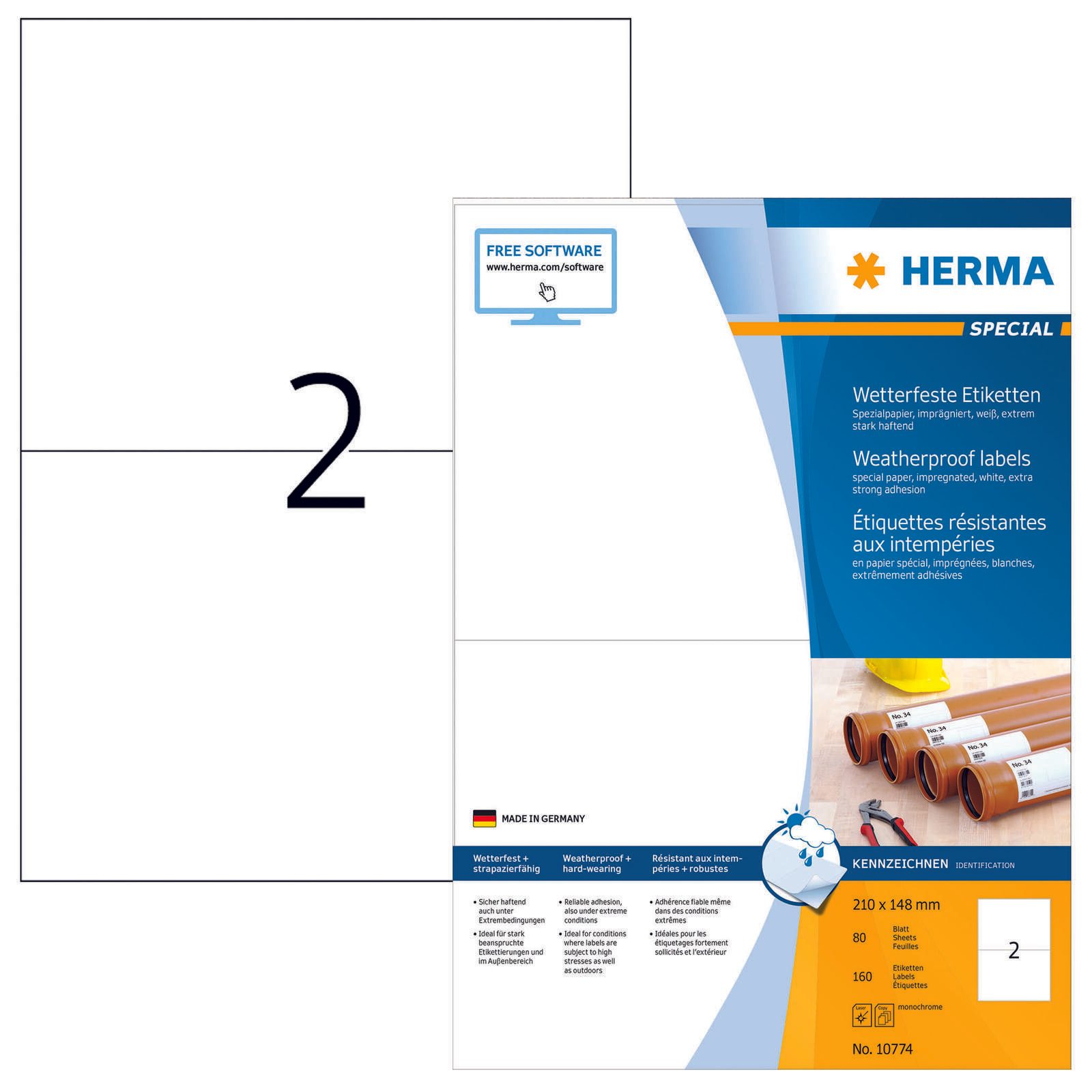 Étiquettes HERMA résistantes aux intempéries 10774 blanc 210,0 x 148,0 mm - 1 paquet = 80 feuilles