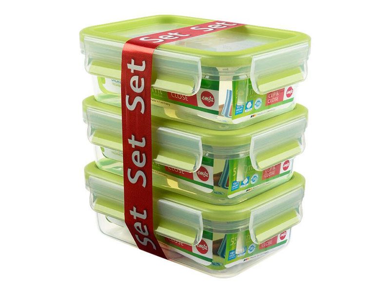 Boîtes de conservation emsa CLIP & CLOSE, transparent/vert, 3 x 0,55 l 1 pack = 3 pièces — lot de 3 pièces