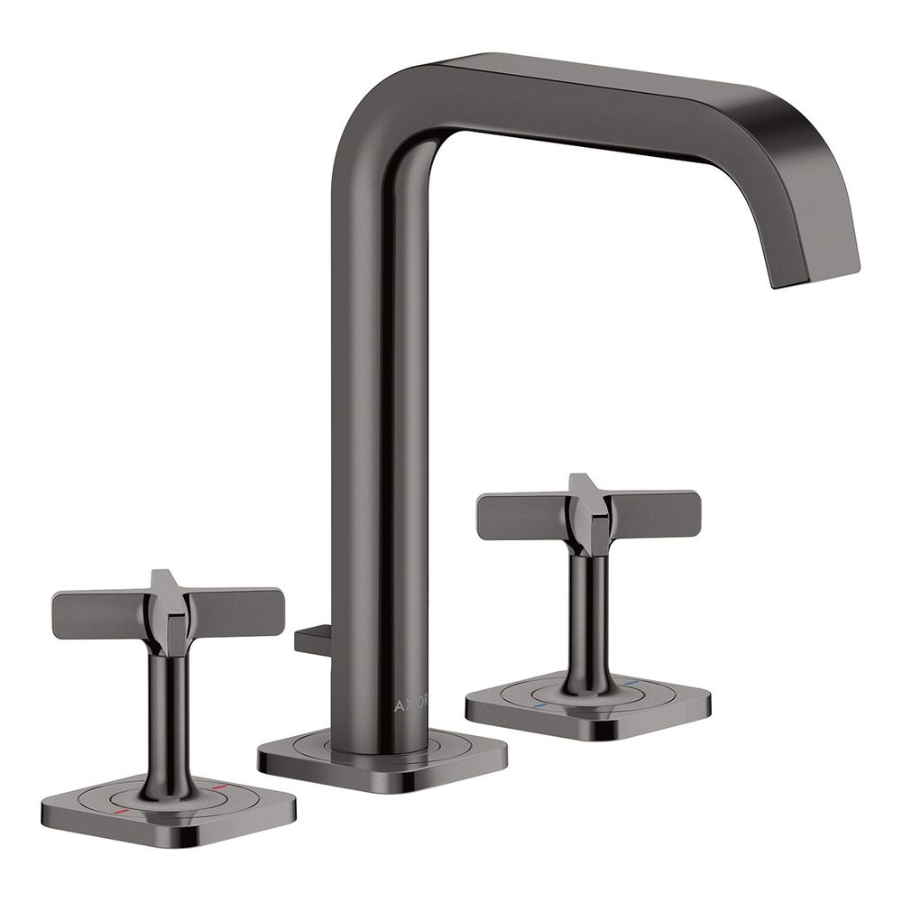 Robinetterie de lavabo 3 trous Hansgrohe AXOR Citterio E zone de confort 170, rosaces, garniture d'évacuation à tige de traction, finition Chrome noir poli