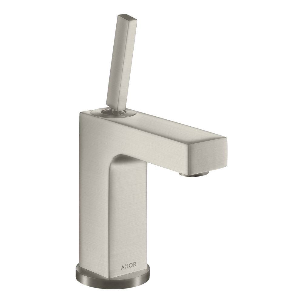 Mélangeur monocommande pour lavabo Hansgrohe AXOR Citterio 110 mm, 5 l/min, poignée Pin, garniture d'évacuation à tige de traction, finition Acier inoxydable brossé