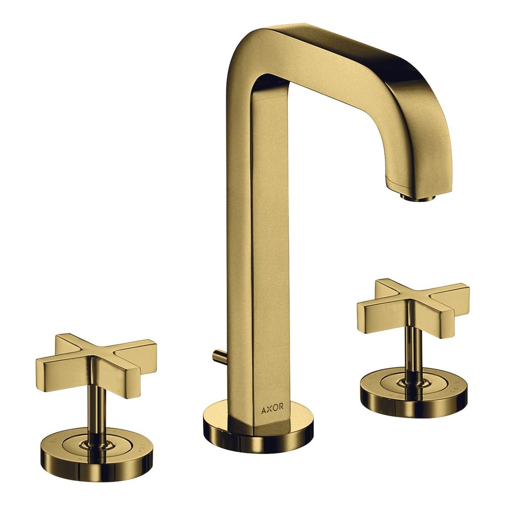 Robinetterie de lavabo Hansgrohe AXOR Citterio 3 trous 170, bec 140 mm, poignées en croix, rosaces, évacuation par tirette, finition Or poli