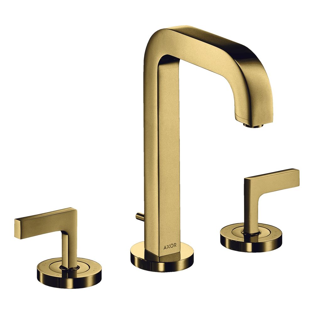 Robinetterie 3 trous AXOR Citterio Hansgrohe pour lavabo 170, bec 140 mm, poignées à levier, rosaces, évacuation par tige de traction, finition Or poli