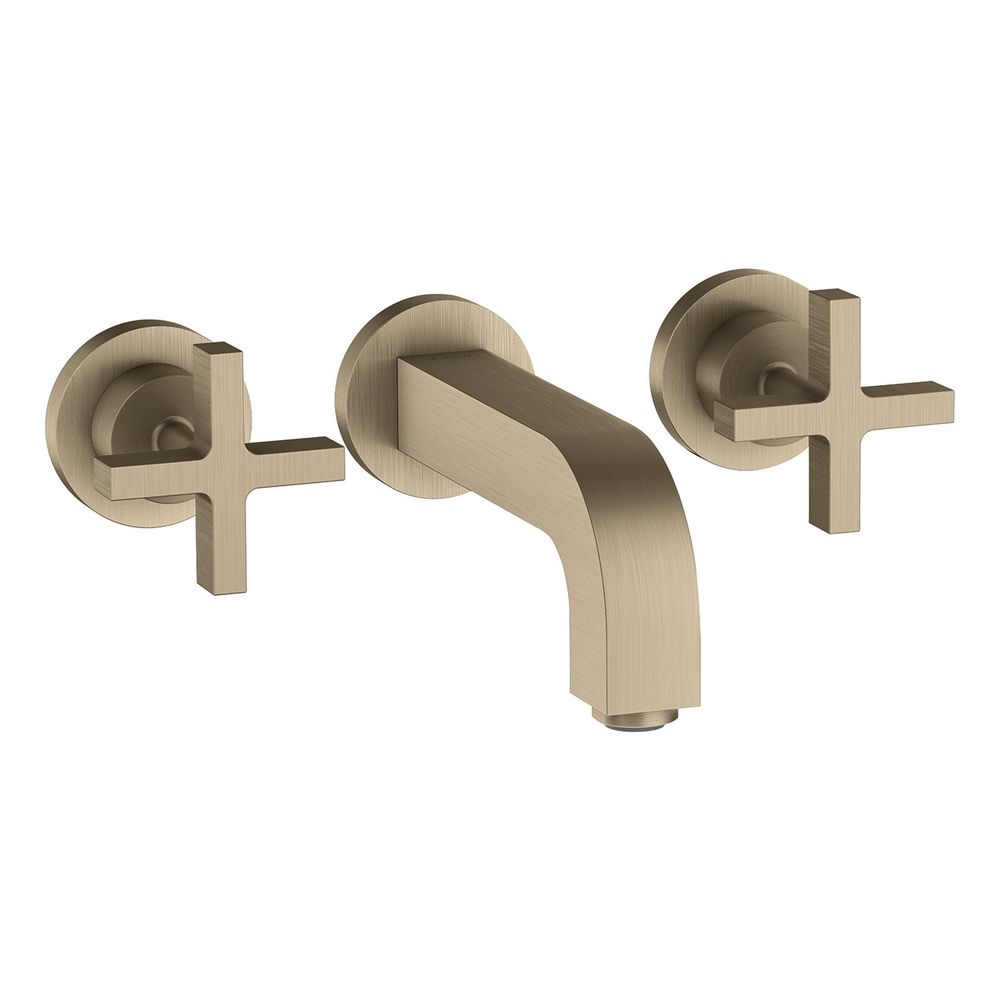 Robinetterie de lavabo AXOR Citterio Hansgrohe 3 trous, montage encastré mural, bec 162 mm, poignées en croix, rosaces, finition Brushed Nickel