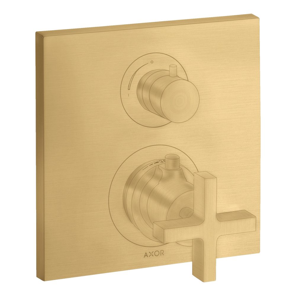 Mitigeur thermostatique encastré Hansgrohe AXOR Citterio finition or brossé 26 l/min, vanne d'arrêt, poignée en croix