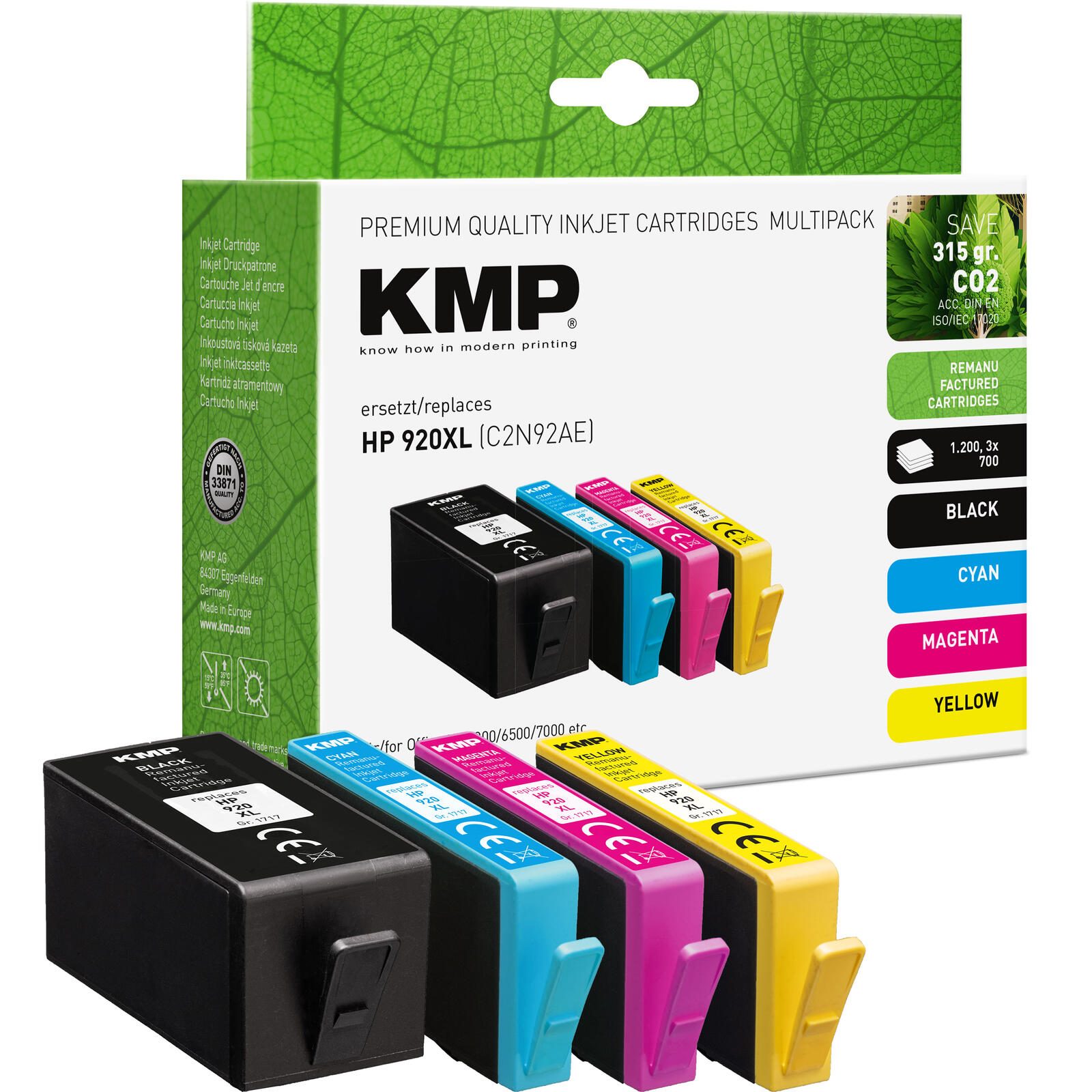 Cartouches d'encre KMP (noir, cyan, magenta, jaune) compatibles HP 920XL (C2N92AE), lot de 4